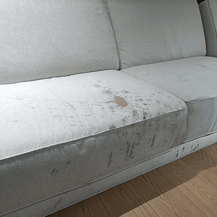 Tache de sang sur l'assise d'un canapé en tissu clair
