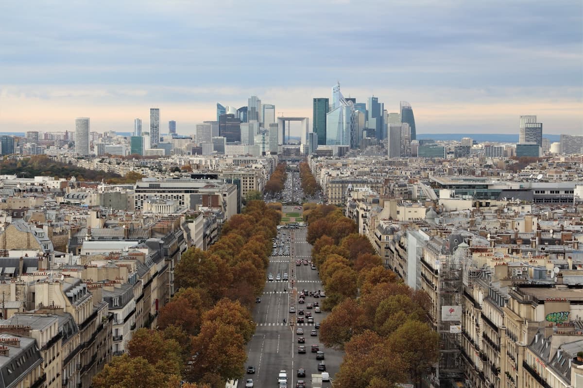 La skyline de La Défense, dans l’axe de l’avenue de la Grande Armée — secteur d'intervention Nettoyage Moquette à Courbevoie